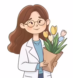 a girl in lab coat holding a bunch of tulips