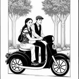 a man and woman sitting on a vintage motorbike