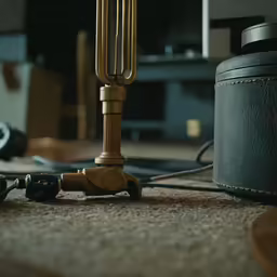 a black container and two brass colored legs sitting on the ground