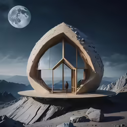 a futuristic house built from rocks is sitting atop a mountain