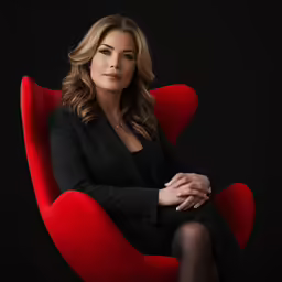 a beautiful woman in a red chair with her arms crossed