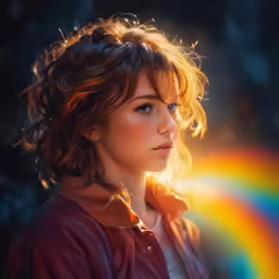 the image of a young woman with a rainbow behind her