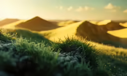 the green grassy hillside is in the sun