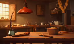 the light is shining on the table next to the bucket,a rustic kitchen with a table, large hanging lamps and various baked goods