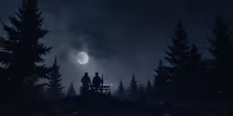 people sit in a moonlight filled forest on a bench