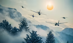 five military planes are flying above the forest