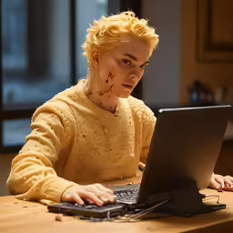 a young man with a burned up laptop on a table