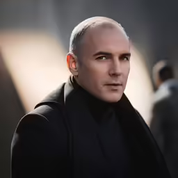 a balding man wearing a black coat outside