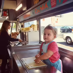 a girl is standing at the counter in a restaurant