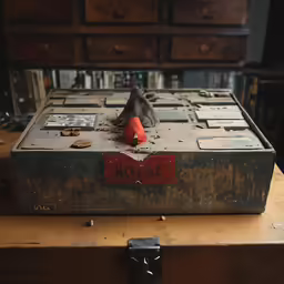 an old brown luggage is shown on a table