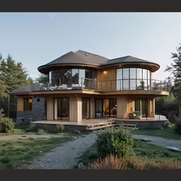 an outdoor shot of a house with a deck on the front lawn