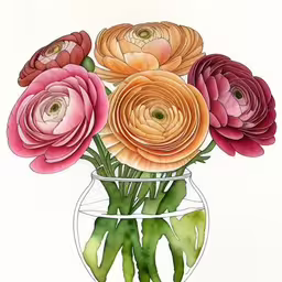a drawing of flowers in a vase on the table,the watercolor painting shows multiple colored flowers in a clear vase