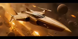 an illustration of a golden space ship in the sky