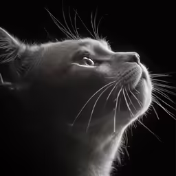 the head of a black and white cat looking up