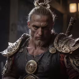 a woman with white hair and a messy ponytail, a long white beard and a beardcut, wearing armor