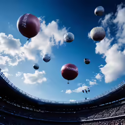 an empty stadium with many air balloons in the sky