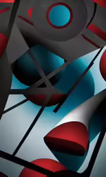 red, white, and blue abstract painting with shapes