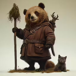 a large brown bear standing next to a baby black cat