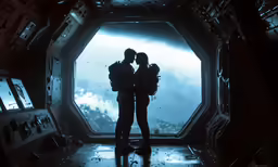 two people standing in front of a window in a space