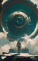 a man standing on top of a ramp near an eye looking into a space station