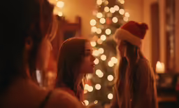 three young women standing in front of a christmas tree