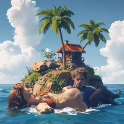 the two people are lying in the ocean near an island