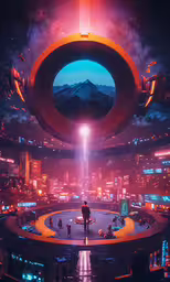 people are standing inside a futuristic looking space station,the view of a sci - fi city is shown at night