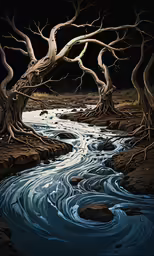 a river with blue and white water in the foreground