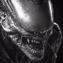 an alien with mouth open with its tongue out