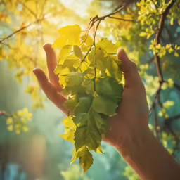 someone holds some green leaves out near the tree