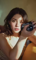 there is a woman sitting on the couch holding a camera
