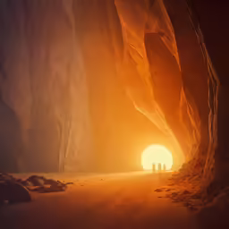people are standing in front of a rock cave