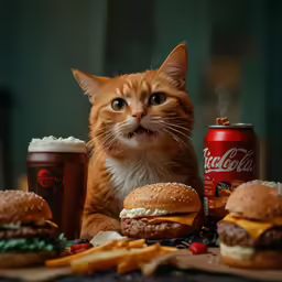 a cat and some hamburgers and beverages