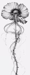an ink drawing of a large daisy,a flower on a stem with dots and lines