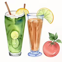 watercolor painting of two glasses filled with juice and garnished with limes,two cups with iced tea, one lemon and one apple