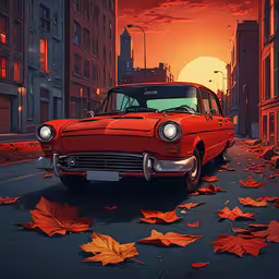 red car parked on street next to large building,red car parked in street at sunset with fallen leaves