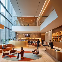 the inside of a modern lobby area features a round couch, chairs, and a bookcase