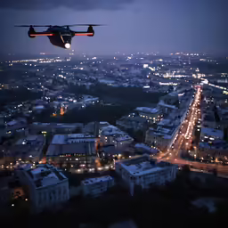 an airplane flying over a city at night