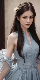 a young lady wearing a blue dress with a white flower in her hair