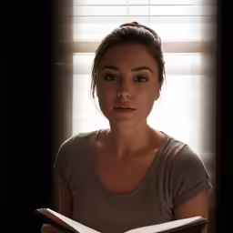 a woman sitting in front of a window reading a book