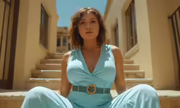 the woman in the blue dress is sitting on steps
