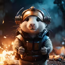 the character rat is posing in front of fire