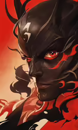 a drawing of a woman with black hair and red eyes
