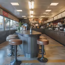 a cafeteria with many bar stools next to a coffee shop