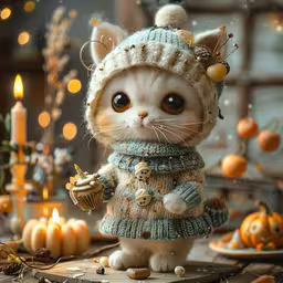 a white cat wearing a knit hat holding a cupcake,a stuffed animal cat dressed in a knit sweater, bonnet, and a knitted cap with buttons