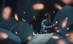 man in suit sits on large rock with fire sparks all around