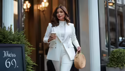 a woman holding a coffee cup and walking up to her hotel