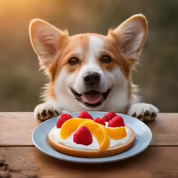 a close up of a plate with a dog sitting behind it