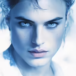 a woman with a blue eyeliner and wavy hair