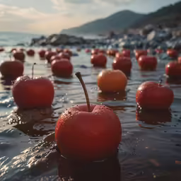 large group of apples floating on top of the water